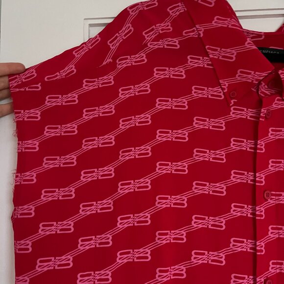 NWT Balenciaga BB Monogram Midi Dress Red Silk Crepe Raw Hem Allover Print Sz 40 - Picture 4 of 12